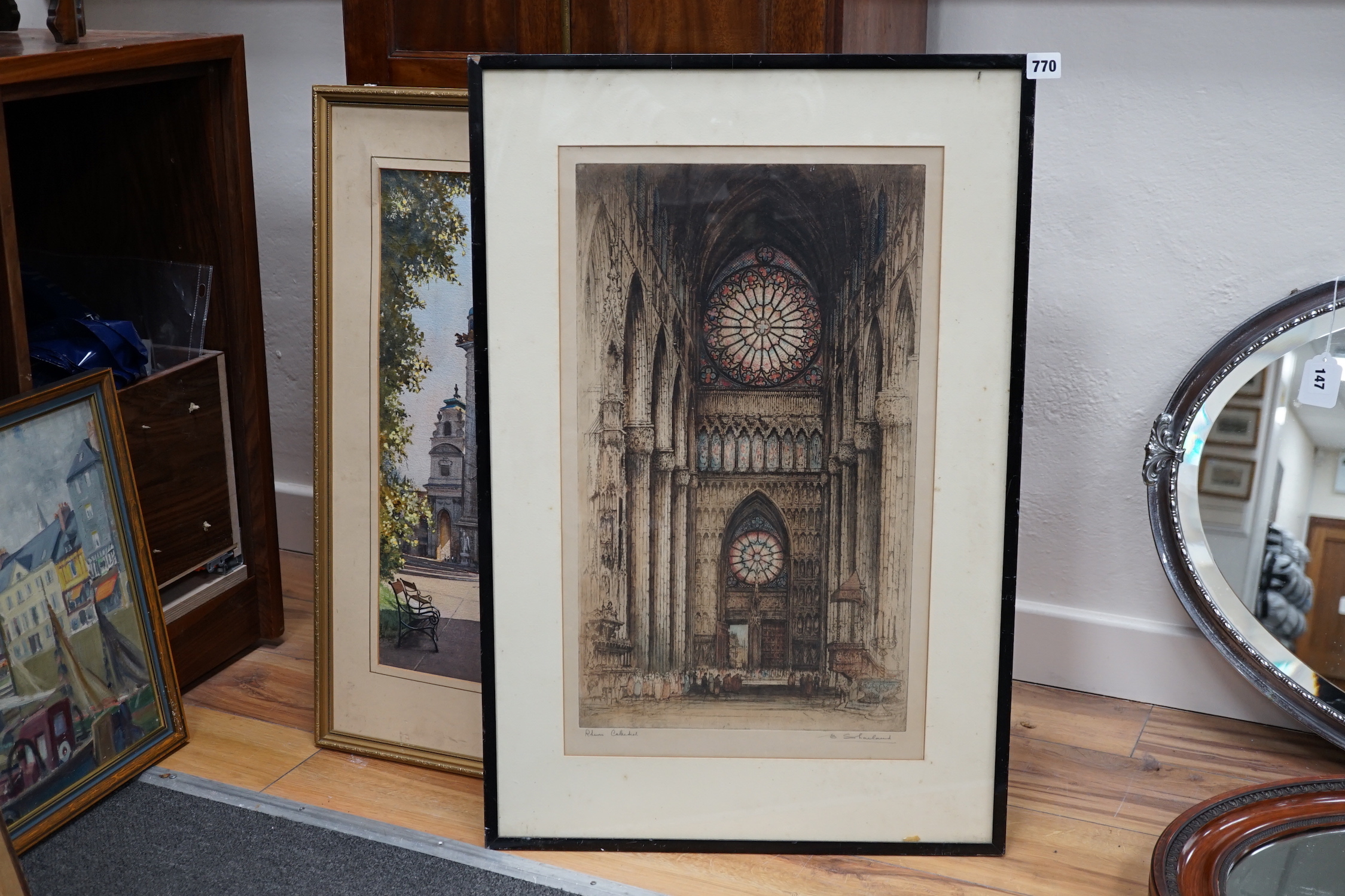 Edward Sharland (1884-1967), coloured etching, Rheims Cathedral, signed in pencil, 52 x 31cm